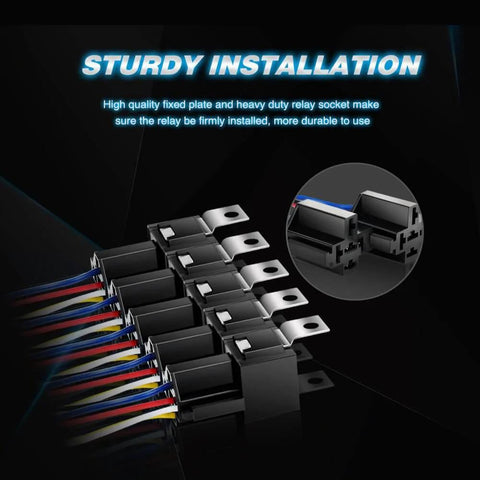 Interlocking 5 Pin SPDT Relay Socket And Wiring Harness Set For 12V Automotive Use, 30/40A Capabilities, 5 Pack, front view