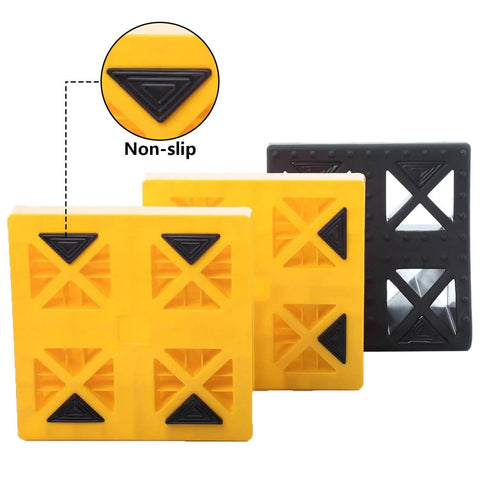 Interlocking Camper Leveling Blocks Kit With Anti Slip Ramps 10 Pack Includes One Wheel Chock And Handy Carrying Bag For Travel Trailer And RV No Slip Rock Solid Stabilization On Uneven Ground featuring close-up of yellow interlocking blocks highlighting non-slip surface