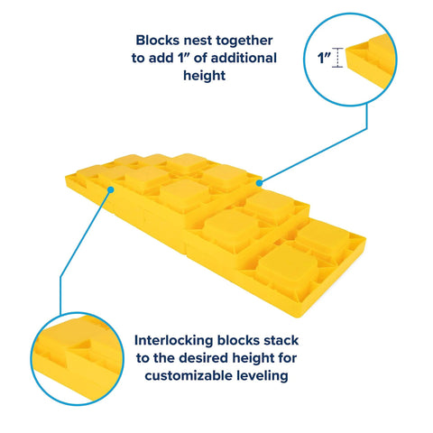 Interlocking RV Leveling Blocks With Storage Bag For Easy Camping Setup And Precise Stacking, Ten Pack, each block adds one inch of height