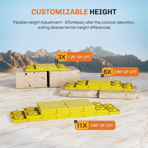 Interlocking RV Leveling Blocks 12 Pack For Single And Dual Wheels Heavy Duty Camper Levelers showing customizable height options.