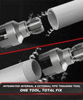 4 In 1 Water Pipe Wrench For Plumbing Repair With Internal And External Tapping And Threading Tool For One Half And Three Quarters Inch PVC PPR Drill Compatible Kit With Tape Durable Steel Construction All In One Plumbing Toolkit Ready To Fix Any Leak showing threading process
