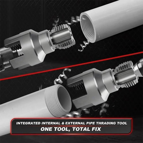 4 In 1 Water Pipe Wrench For Plumbing Repair With Internal And External Tapping And Threading Tool For One Half And Three Quarters Inch PVC PPR Drill Compatible Kit With Tape Durable Steel Construction All In One Plumbing Toolkit Ready To Fix Any Leak showing threading process