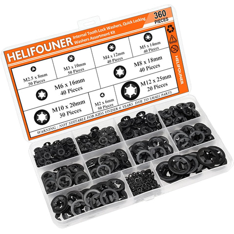 Internal Tooth Star Lock Washers Set 360 Pieces In 9 Sizes Assortment Kit in open box