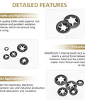 Detailed features of Internal Tooth Star Lock Washers Set 420 Pieces 5 Sizes M2 To M5 showing durability, functions, applications.