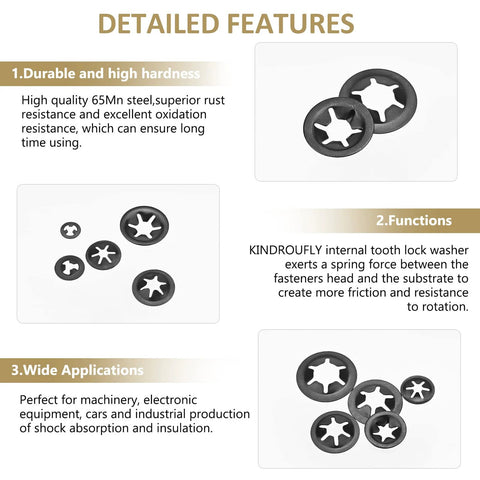 Detailed features of Internal Tooth Star Lock Washers Set 420 Pieces 5 Sizes M2 To M5 showing durability, functions, applications.