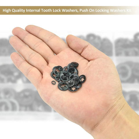 Hand holding Internal Tooth Star Lock Washers Set 420 Pieces 5 Sizes M2 To M5, demonstrating size and variety.