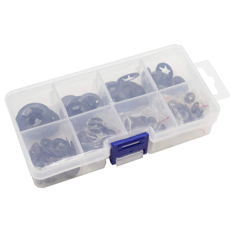 Internal Tooth Lock Washers Set 9 Sizes M2 To M12, 260 Pcs Black 65Mn Steel in a transparent storage box
