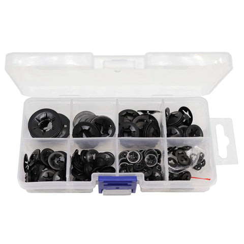 Internal Tooth Lock Washers Set 9 Sizes M2 To M12, 260 Pcs Black 65Mn Steel in plastic storage box
