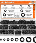 Internal Tooth Star Lock Washers Set 360 Pieces In 9 Sizes Assortment Kit in transparent box, black washers M2 to M12
