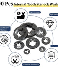 Internal Tooth Star Lock Washers Kit M2.5 To M12 Push Nuts 500 Pcs showing washer sizes with diagrams of features and benefits.