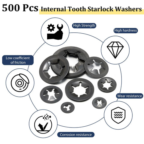 Internal Tooth Star Lock Washers Kit M2.5 To M12 Push Nuts 500 Pcs showing washer sizes with diagrams of features and benefits.