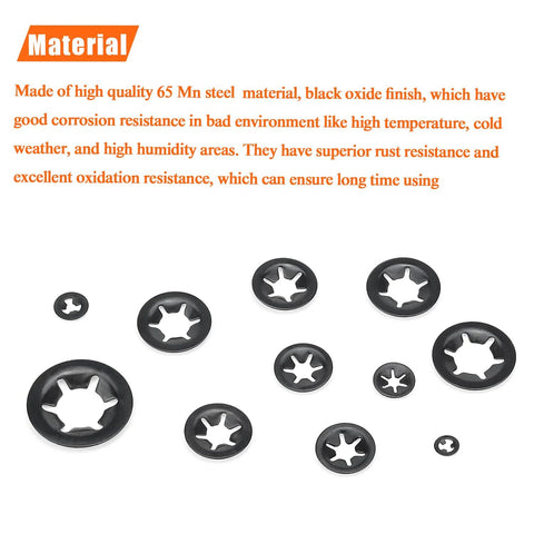 Internal Tooth Star Lock Washers Set 360 Pieces In 9 Sizes Assortment Kit, 65Mn steel, black oxide finish on display