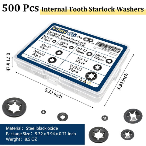 Internal Tooth Star Lock Washers Kit M2.5 To M12 Push Nuts 500 Pcs in plastic case showing various sizes