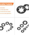 Internal Tooth Star Lock Washers Set 360 Pieces In 9 Sizes Assortment Kit displaying washers, features, and size variety.