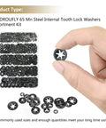 Hand holding internal tooth star lock washer from 420 piece set in 5 sizes M2 to M5, 65Mn steel, product layout in background
