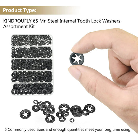 Hand holding internal tooth star lock washer from 420 piece set in 5 sizes M2 to M5, 65Mn steel, product layout in background