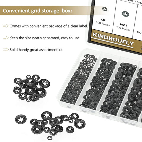 Internal Tooth Star Lock Washers Set 420 Pieces 5 Sizes M2 to M5 in grid storage box