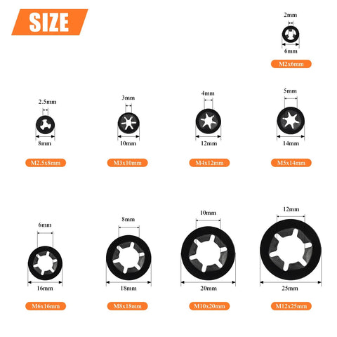 Internal Tooth Star Lock Washers Set 360 Pieces In 9 Sizes Assortment Kit showing size chart from M2 to M12 with measurements in mm