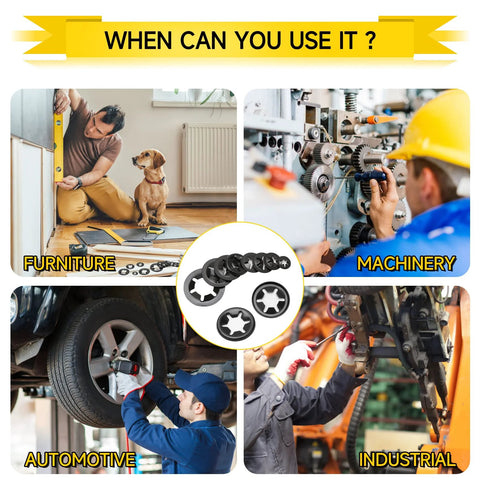 Internal Tooth Starlock Washers Kit 8 Sizes M3 To M12 330 Pcs 65Mn Steel usage in furniture, machinery, automotive, and industrial projects.