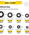 Size chart of Internal Tooth Starlock Washers Kit 8 Sizes M3 To M12 330 Pcs 65Mn Steel showing dimensions and quantities.