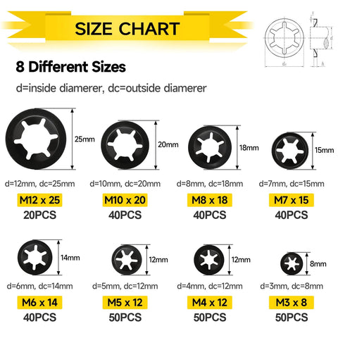 Size chart of Internal Tooth Starlock Washers Kit 8 Sizes M3 To M12 330 Pcs 65Mn Steel showing dimensions and quantities.