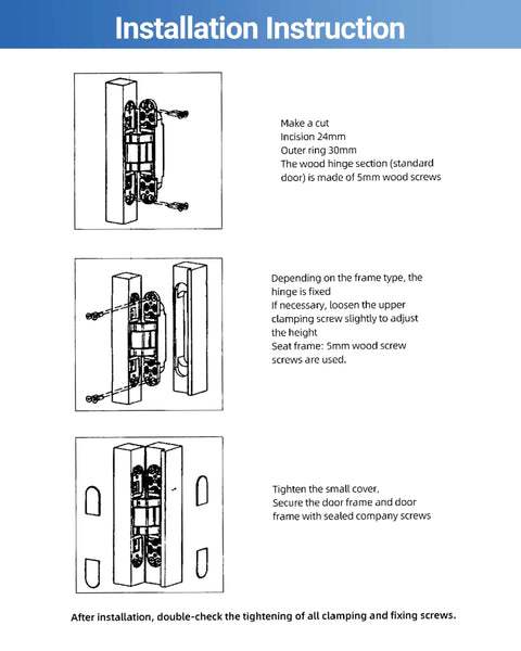Tutorial diagram for installing Invisible Door Hinges Set 4 Pack 6 Inch Silver Concealed Hinges For Doors with 3-way adjustability.