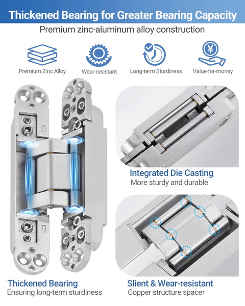 Invisible Door Hinges Set 4 Pack 6 Inch Silver Concealed Hinges showcasing zinc alloy, thickened bearing, and copper support.