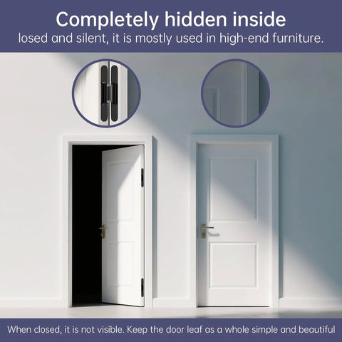 Hidden Door Hinge Kit For Concealed Doors 6 Inch 180 Degree Swing Zinc Alloy 3 Way Adjustable Butt Silent Hinges Black Pack Of 2 By Zeyuansen installed on a white door showing seamless integration.