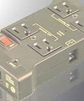 Enclosed High Power IoT Relay Shield For Arduino Raspberry Pi PIC And WiFi Plug And Play With 4 Outlets 2 NC 2 NO, side on view.