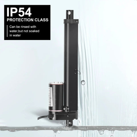 Black 1000N DC linear actuator outdoor with IP54 water protection rating displaying durability in water exposure.