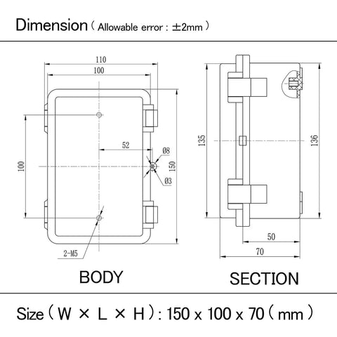 Technical drawing of IP65 Waterproof ABS Plastic Junction Box Enclosure With Hinged Clear Cover For Outdoor Electrical Projects