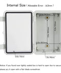 Open IP65 Waterproof ABS Plastic Junction Box Enclosure With Hinged Clear Cover showing interior dimensions and setup.