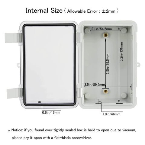 Open IP65 Waterproof ABS Plastic Junction Box Enclosure With Hinged Clear Cover showing interior dimensions and setup.