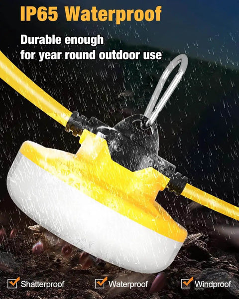 Close-up of IP65 waterproof light from Ultra Bright 100ft LED Construction String Lights, 130W 16,000 Lumens, Linkable 5000K Work Site Lighting.