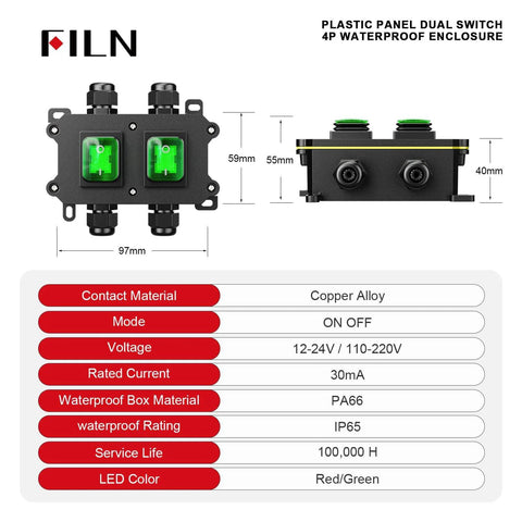 Diagram of IP65 Waterproof Dual Light Switch Box Built To Endure Outdoors For 12V To 24V Systems, 30A DPST Toggle Switch