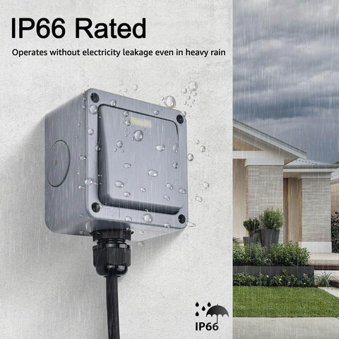 Weatherproof Outdoor Light Switch 1-Gang 2-Way IP66 Rated installed outside with water droplets, house background visible.