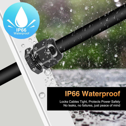 Weatherproof Outdoor Light Switch 1-Gang 2-Way IP66 Rated Built Tough For Exterior Boxes with black compression cable connectors.