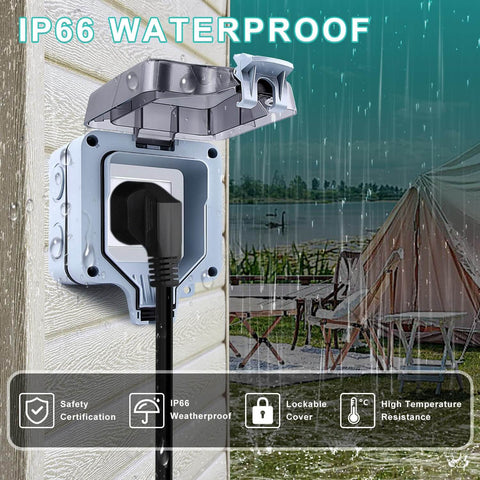 Weatherproof Outdoor Electrical Outlet Box 15A 125V With Cover NPT Half Inch Cable Glands For Garden Patio Yard Parking Lot Courtyard Receptacle IP66 Waterproof Dustproof Heavy Duty Built For Outdoors installed on wall with open cover and plug connected