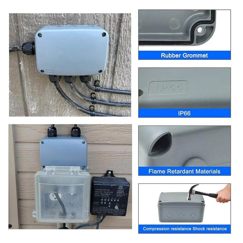 Outdoor IP66 Waterproof Electrical Junction Box Enclosure Built Tough From Fireproof Plastic, Weatherproof External Project Box installed on wall with cable connections visible.
