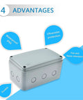 Outdoor IP66 Waterproof Electrical Junction Box Enclosure Built Tough From Fireproof Plastic, grey, with advantages highlighted.