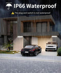 Outdoor view of garage in rain with two cars, featuring IP66 Waterproof 45W LED Shop Light With 5400 Lumens At 6000K Daylight.