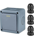 Weatherproof Outdoor Light Switch 1-Gang 2-Way IP66 Rated with three M20x1.5 black compression cable connectors for exterior boxes.