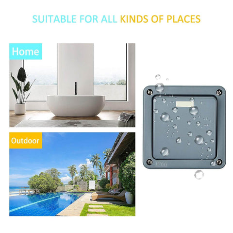 Weatherproof Outdoor Light Switch 1-Gang 2-Way IP66 Rated exterior with water droplets, shown in outdoor and indoor settings.