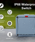 Weatherproof Outdoor Light Switch 15A IP66 One Gang SPDT 110-250V with Cable Glands and Connectors, heavy duty waterproof exterior switch close-up.