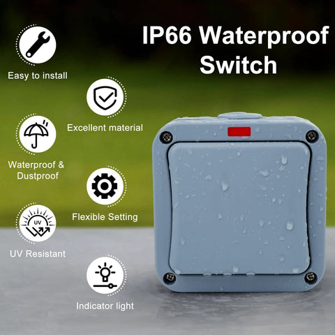 Weatherproof Outdoor Light Switch 15A IP66 One Gang SPDT 110-250V with Cable Glands and Connectors, heavy duty waterproof exterior switch close-up.
