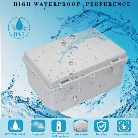 Outdoor Electrical Enclosure Box IP67 Weatherproof Junction Box ABS Plastic Grey With 2 Cable Glands Hinged Cover 11.4 By 7.5 By 5.5 Inches Durable DIY Friendly Project Box For Routers Switches And Other Equipment