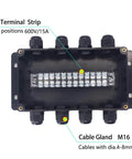 Top view of Watertight Junction Box IP67 Electrical Enclosure with 12-position terminal block and 5 in 5 out cable glands.