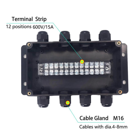 Top view of Watertight Junction Box IP67 Electrical Enclosure with 12-position terminal block and 5 in 5 out cable glands.