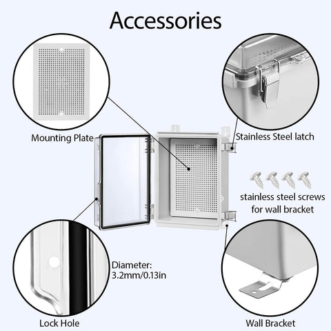 IP67 Waterproof Electrical Junction Box With Hinged Clear Cover, Built Tough ABS Plastic Enclosure With Stainless Steel Latch, Mounting Plate, Wall Brackets, And Cable Glands, Grey 8.7 By 6.7 By 4.3 Inches accessories diagram