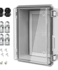 Image showing an IP67 Waterproof Electrical Junction Box with Hinged Clear Cover, Built Tough ABS Plastic Enclosure, Stainless Steel Latch, Mounting Plate, and Cable Glands, Grey 8.7 by 6.7 by 4.3 inches.